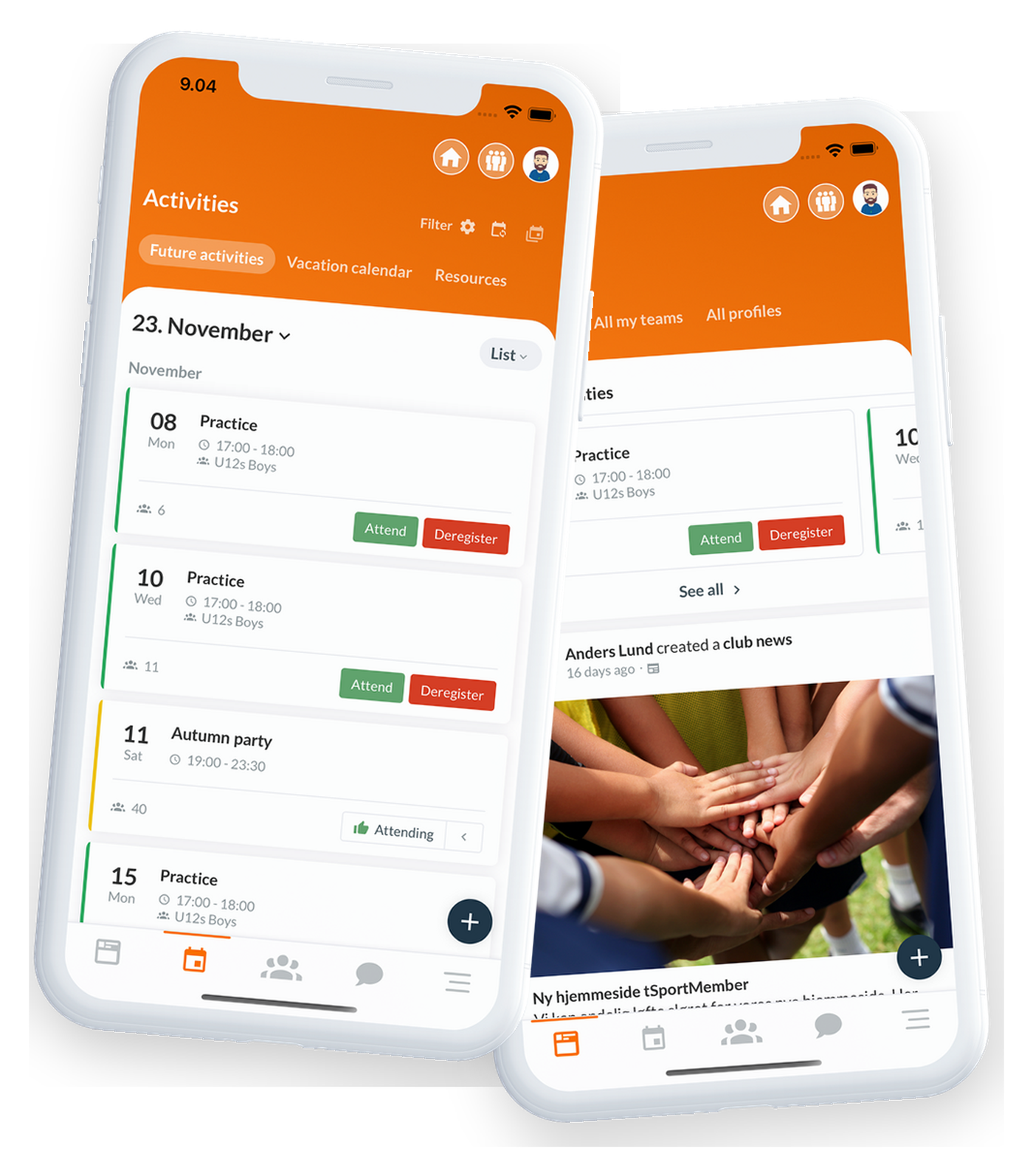 The SportMember app on two phones: attendance for training and matches, and the club communication feed