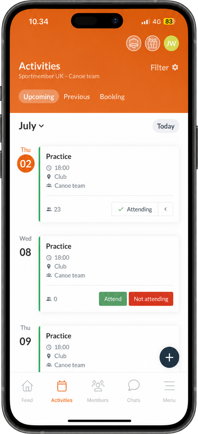 Upcoming activities in the SportMember app with attendance for each practice