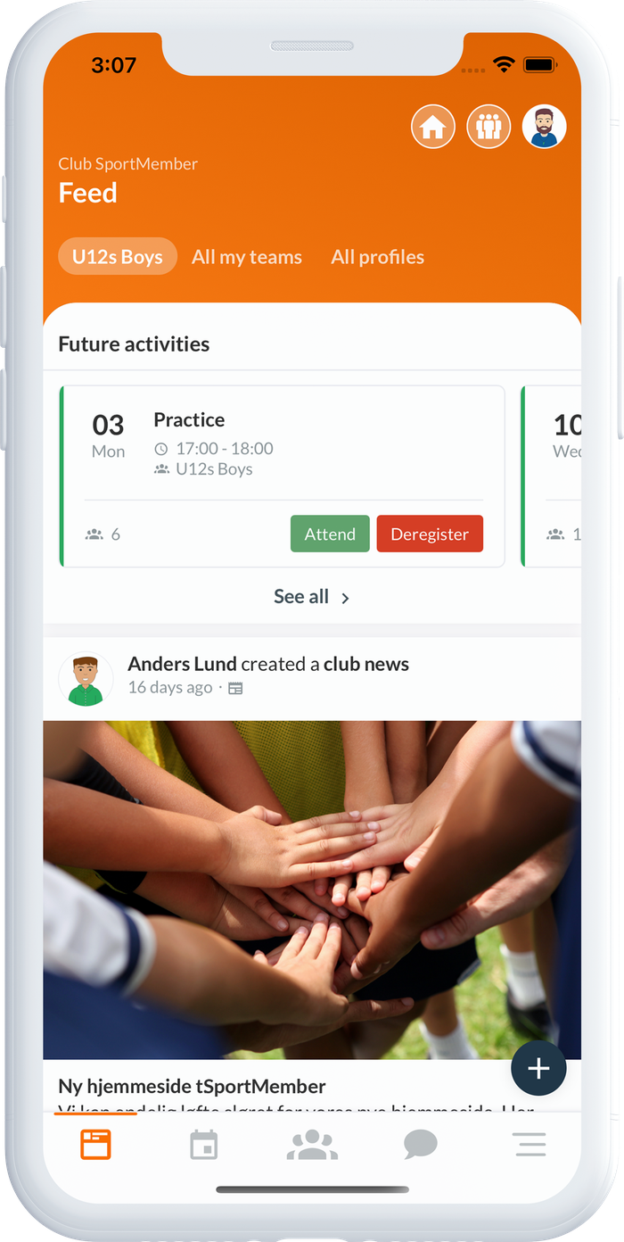 The club feed in the SportMember app with upcoming activities and club news